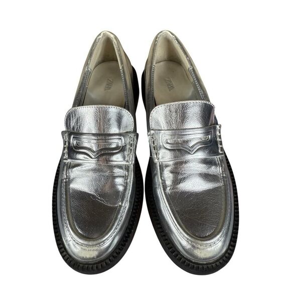 Zara Silver Metallic Loafers Platform Chunky Sole Faux Leather Shoes 37 6.5 - Picture 3 of 8